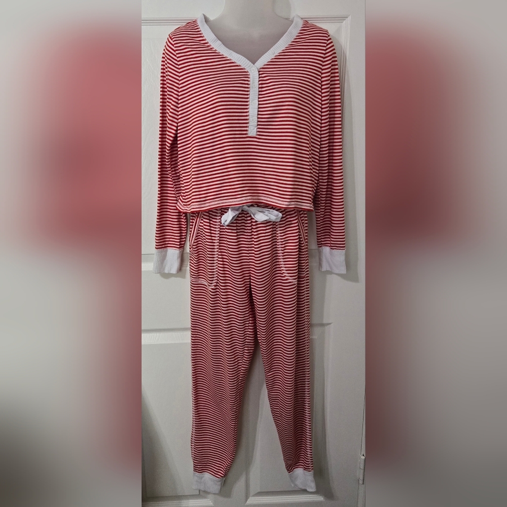 Ladies Pajama Set Sz Small Long Sleeve Red And White Stripes Euc